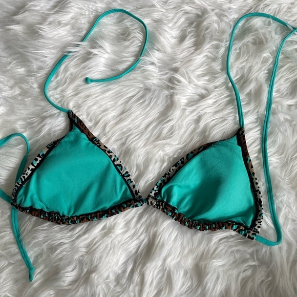 Xhilaration | Large Teal/Brown Leopard Triangle Bikini Top - String with Liners - Picture 2 of 11
